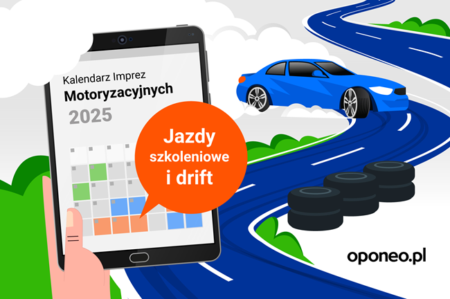 Kalendarz imprez motoryzacyjnych 2025, grafika przedstawia auto na torze