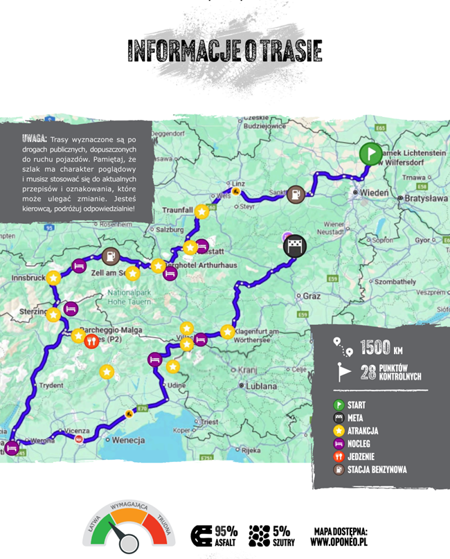 Mapa Ekspedycji Oponeo w Austrii. Długość trasy 1500 km, 28 punktów kontrolnych.