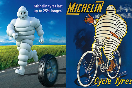 Prównanie ludzika Michelin - Bibendum na nowej i starej reklamie