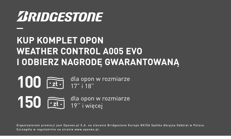 Kup komplet opon Weather Control A005 Evo marki Bridgestone i odbierz e-kartę podarunkową!