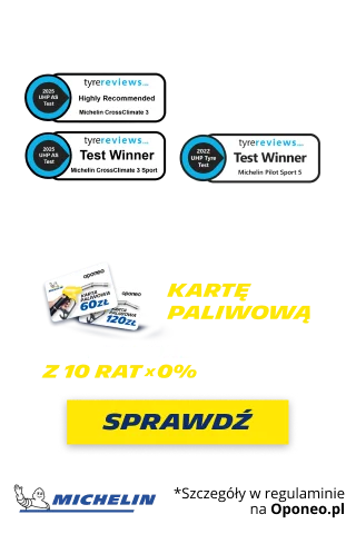 Kup komplet opon letnich lub całorocznych marki Michelin i otrzymaj kartę paliwową o wartości 60zł lub 120zł oraz skorzystaj z rat 0% . Wejdź na stronę i dowiedz się więcej o promocji!