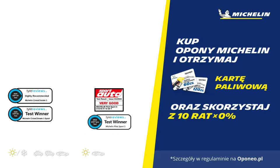 Kup komplet opon letnich lub całorocznych marki Michelin i otrzymaj kartę paliwową o wartości 60zł lub 120zł oraz skorzystaj z rat 0% . Wejdź na stronę i dowiedz się więcej o promocji!