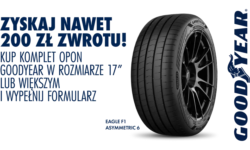 Kup komplet opon całorocznych lub letnich marki Goodyear, a następnie wypełnij formularz by otrzymać nawet 200zł! Wejdź na stronę i dowiedz się więcej o promocji!