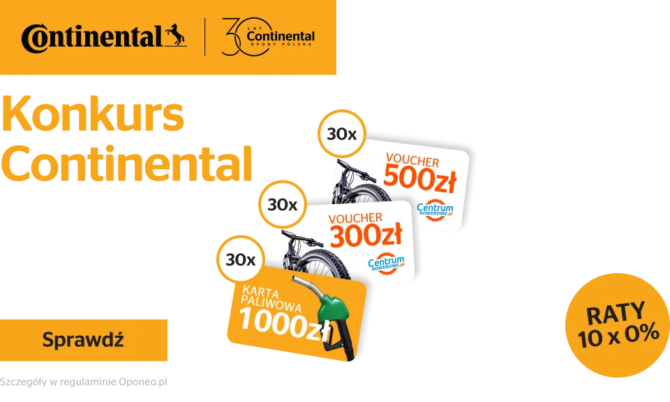 Kup komplet opon letnich lub całorocznych marki Continental, a następnie odpowiedz na pytanie by wziąć udział w konkursie o nawet 1000zł! Wejdź na stronę i dowiedz się więcej o konkursie!