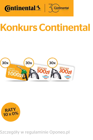 Kup komplet opon letnich lub całorocznych marki Continental, a następnie odpowiedz na pytanie by wziąć udział w konkursie o nawet 1000zł! Wejdź na stronę i dowiedz się więcej o konkursie!
