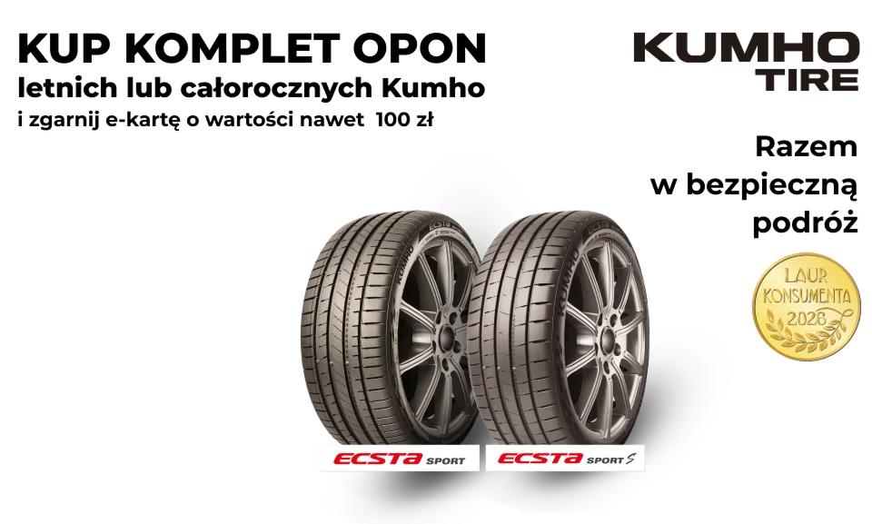 Kup komplet opon letnich lub całorocznych Kumho i zgarnij e-kartę do Centrum Rowerowego. Wejdź na stronę i dowiedz się więcej o promocji!
