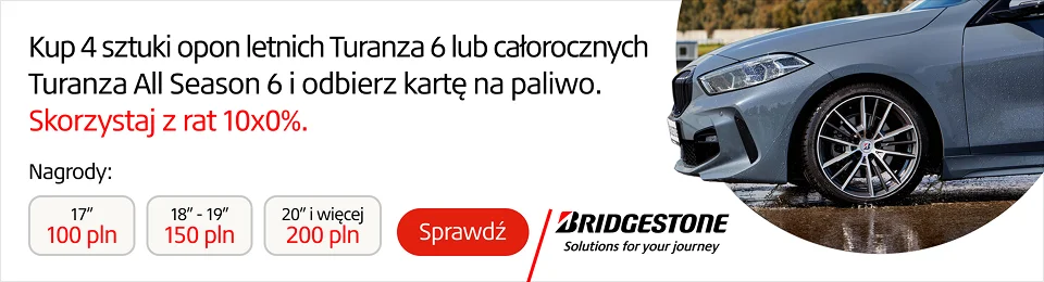 Kup komplet opon całorocznych Turanza All Season 6 lub letnich Turanza 6 marki Bridgestone i otrzymaj kartę paliwową oraz skorzystaj z rat 10 x 0%! Wejdź na stronę i dowiedz się więcej o promocji!