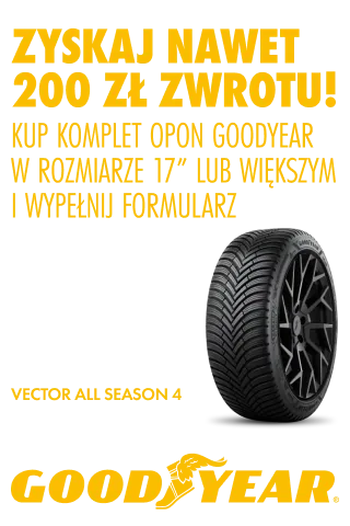 Kup komplet opon całorocznych lub zimowych marki Goodyear, a następnie wypełnij formularz by otrzymać nawet 200zł! Wejdź na stronę i dowiedz się więcej o promocji!