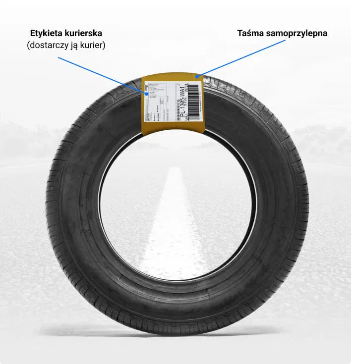 Opona z etykierą kurierską przyklejoną taśmą samoprzylepną