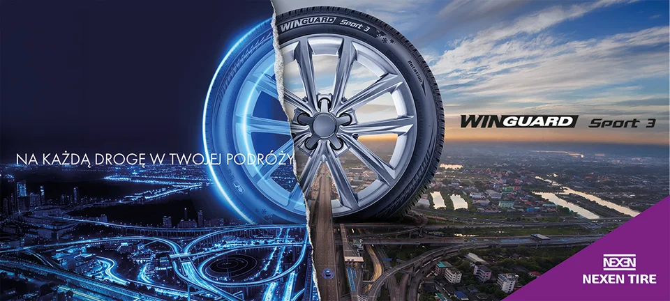 Baner z oponą Winguard Sport 3 na tle miasta widocznego nocą i za dnia