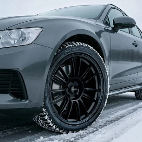 Lewy przód samochodu podczas jazdy na ośnieżonej drodze