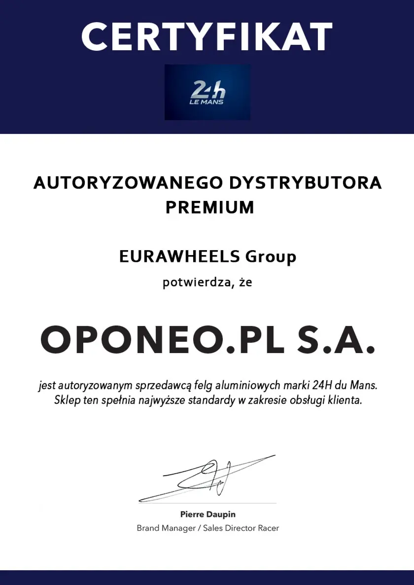 Certyfikat dla marki 24h du Mans