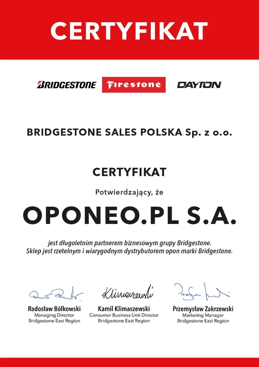 Certyfikat dla marki Bridgestone