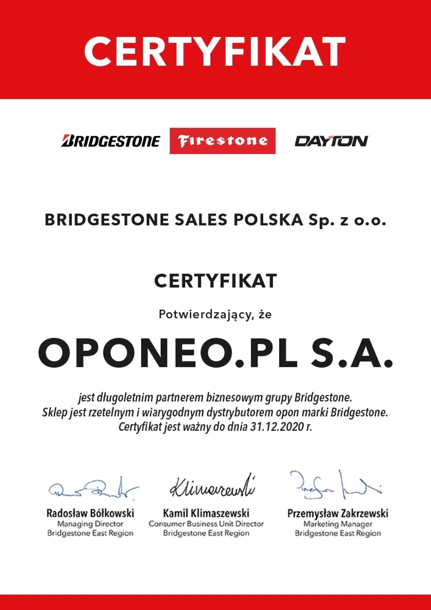 Certyfikat dla marki Firestone
