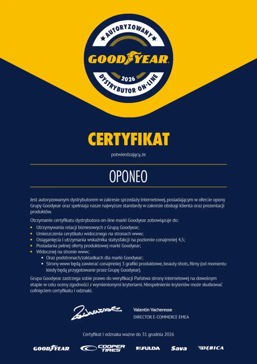 Certyfikat dla marki Goodyear