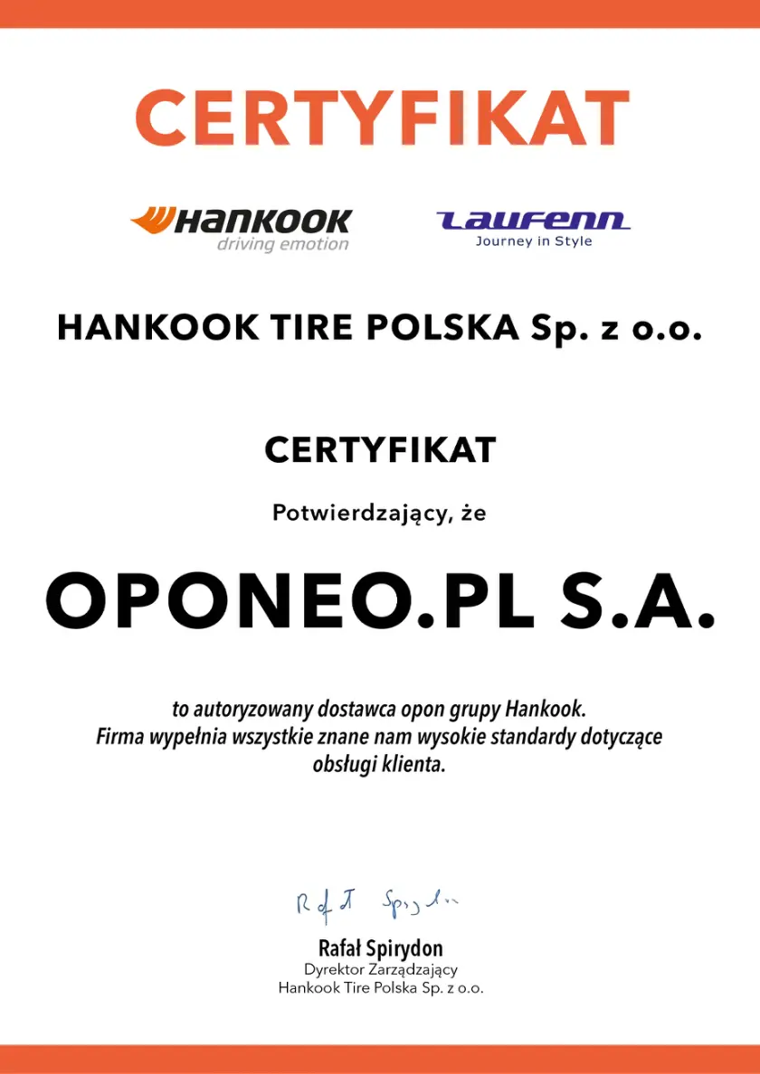 Certyfikat dla marki Hankook