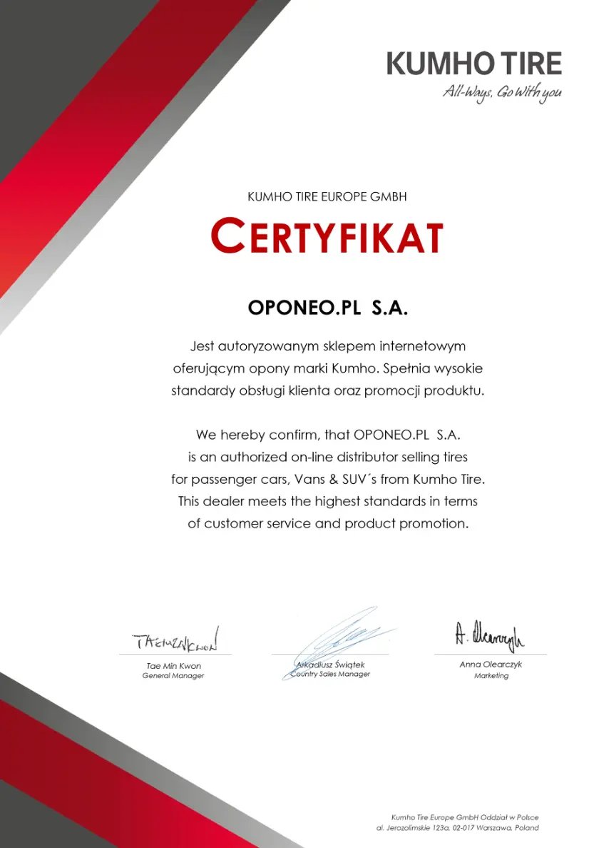 Certyfikat dla marki Kumho