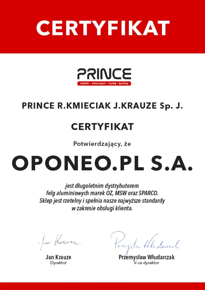 Certyfikat dla marki OZ