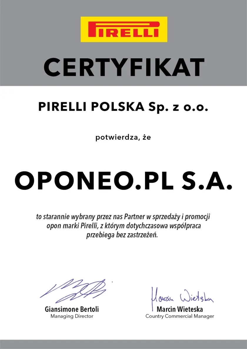 Certyfikat dla marki Pirelli